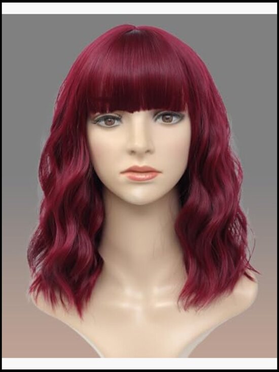 Wavy Bob Wig with Bangs Short Curly Synthetic Hair Natural Looking Daily Wear